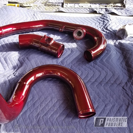 Powder Coating: Automotive,Two Stage Application,Custom Automotive Parts,Intercooler Piping,CULVER GOLD/RED UPB-6013,Illusion Malbec PMB-6906