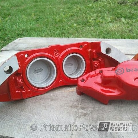 Powder Coating: Custom,Red brakes,powder coating,Clear Vision PPS-2974,Evo Brakes,Automotive,Prismatic Powders,powder coated,Illusion Red PMS-4515