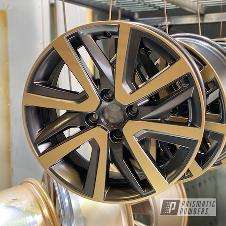 Powder Coating: Aluminium Wheels,mii,16” Wheels,Prismatic Gold HMB-4137,FORGED CHARCOAL UMB-6578,Automotive,Two Color Application,Seat,Wheels