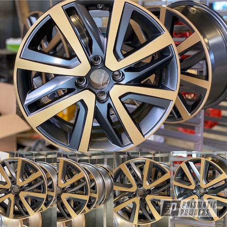 Powder Coating: Aluminium Wheels,mii,16” Wheels,Prismatic Gold HMB-4137,FORGED CHARCOAL UMB-6578,Automotive,Two Color Application,Seat,Wheels