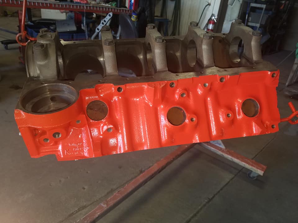 Refinished Chevy Engine Block coated in Chevy Orange | Prismatic Powders