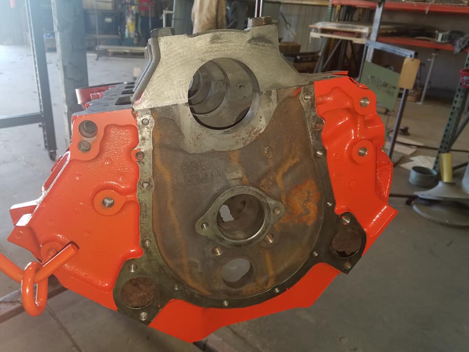 Refinished Chevy Engine Block coated in Chevy Orange | Prismatic Powders