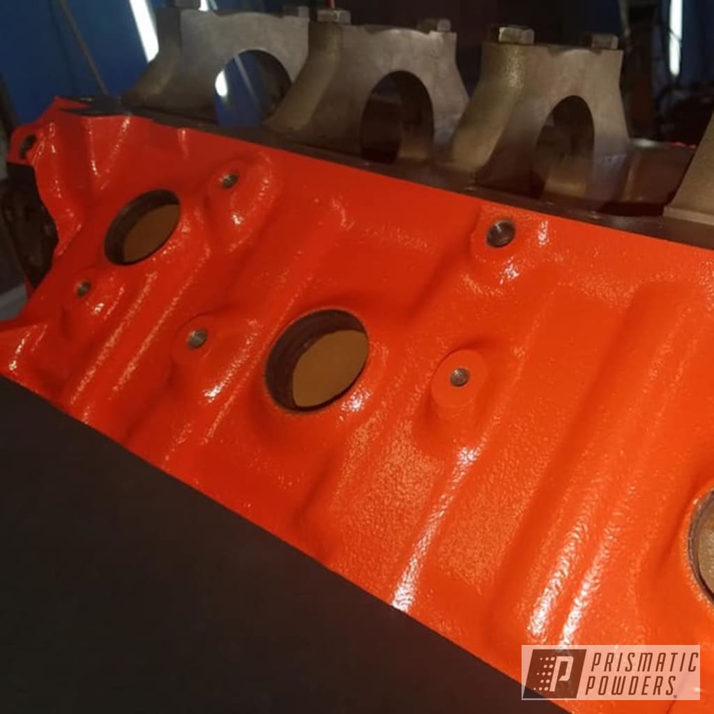 Refinished Chevy Engine Block Coated In Chevy Orange