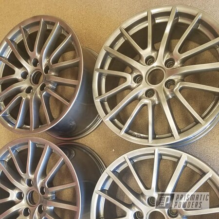Powder Coating: Wheels,19" Wheels,19",Automotive,Clear Vision PPS-2974,Two Stage Application,Aluminum Rims,Kingsport Grey PMB-5027,19" Aluminum Rims