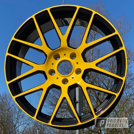 Powder Coating: Wheels,19" Wheels,19",Automotive,Clear Vision PPS-2974,2 Color Application,Ink Black PSS-0106,Yes Yellow PSS-5691