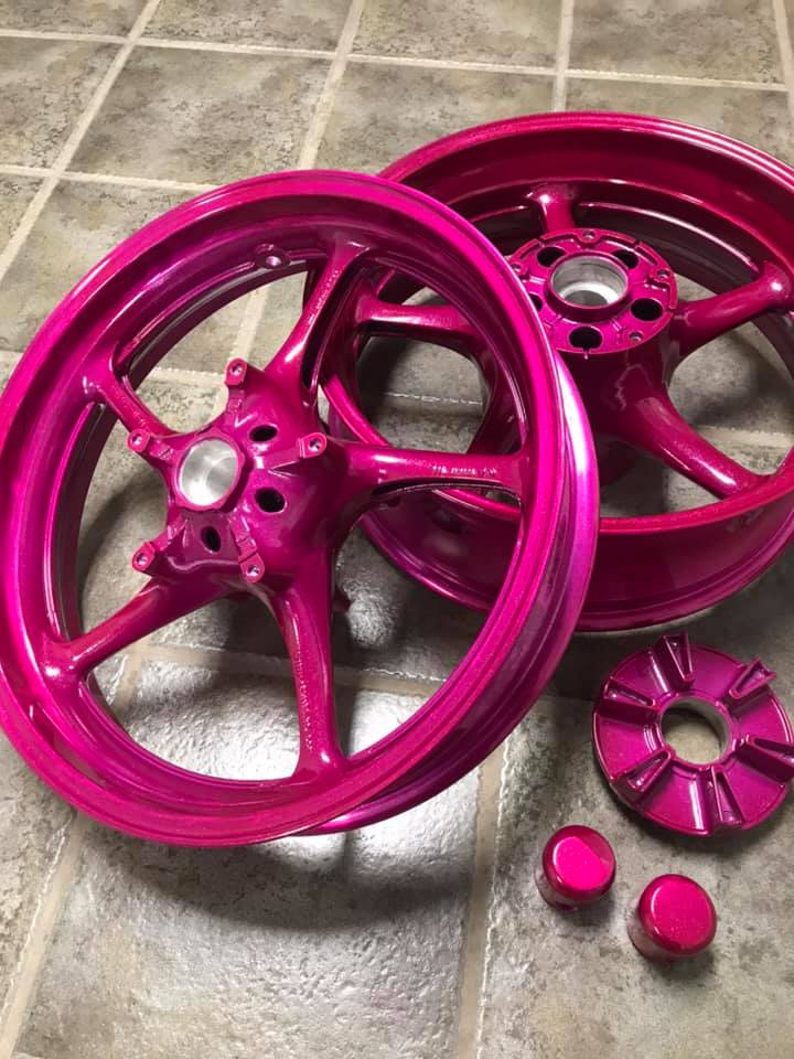 Motorcycle Rasberry Motorcycle Wheels coated in Racing Raspberry | Prismatic Powders