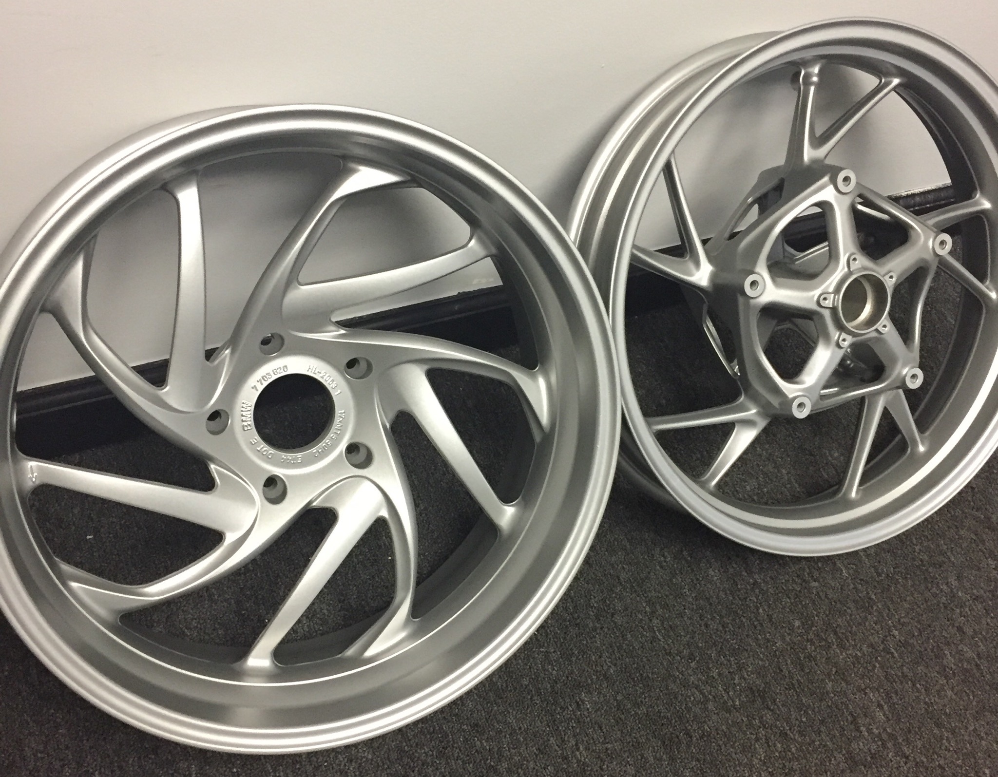 Refinished Motorcycle Wheels coated in BMW Silver | Prismatic Powders