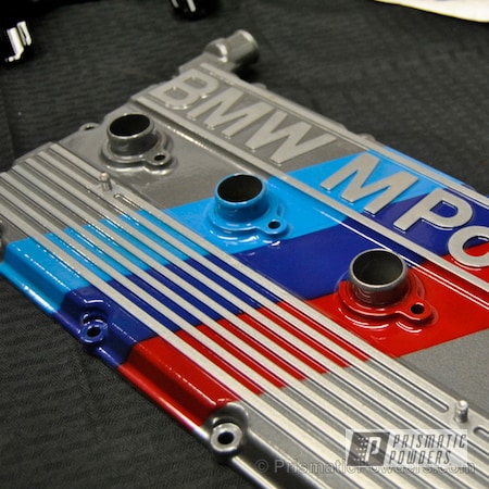 Powder Coating: Cosmic Gray Base,Valve Cover,Astatic Red BMW Motorsport colors,Heavy Silver lettering and Stripes,Heavy Silver PMS-0517,Clear Vision PPS-2974,Cosmic Grey PMB-1756,Automotive,BMW E30 M3 Valve Cover,Powder Blue,Truck Blue