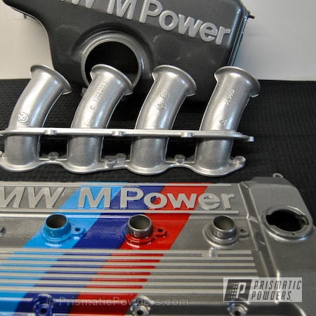 Powder Coating: Cosmic Gray Base,Valve Cover,Astatic Red BMW Motorsport colors,Heavy Silver lettering and Stripes,Heavy Silver PMS-0517,Clear Vision PPS-2974,Cosmic Grey PMB-1756,Automotive,BMW E30 M3 Valve Cover,Powder Blue,Truck Blue