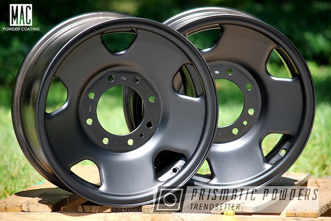 Powder Coating: Wheels,Automotive,Ink Black PSS-0106,Custom Auto Parts,Two Stage Powder Coat Application,Powder Coated Ford Pickup Truck Steel Wheels,Clear Top Coat,Casper Clear PPS-4005,Matte 0% Gloss Finish