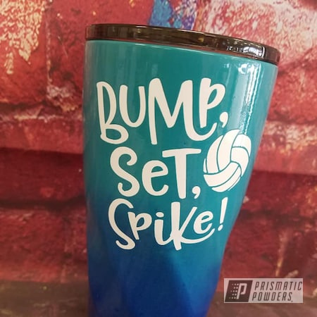Powder Coating: Gloss White PSS-5690,3 Color Application,Volleyball,Drinkware,Custom Tumbler Cup,MANHATTAN BLUE UMB-1930,20oz Tumbler,Stainless Steel Cups,HOGG,NATIVE TURQUOISE PSS-2791