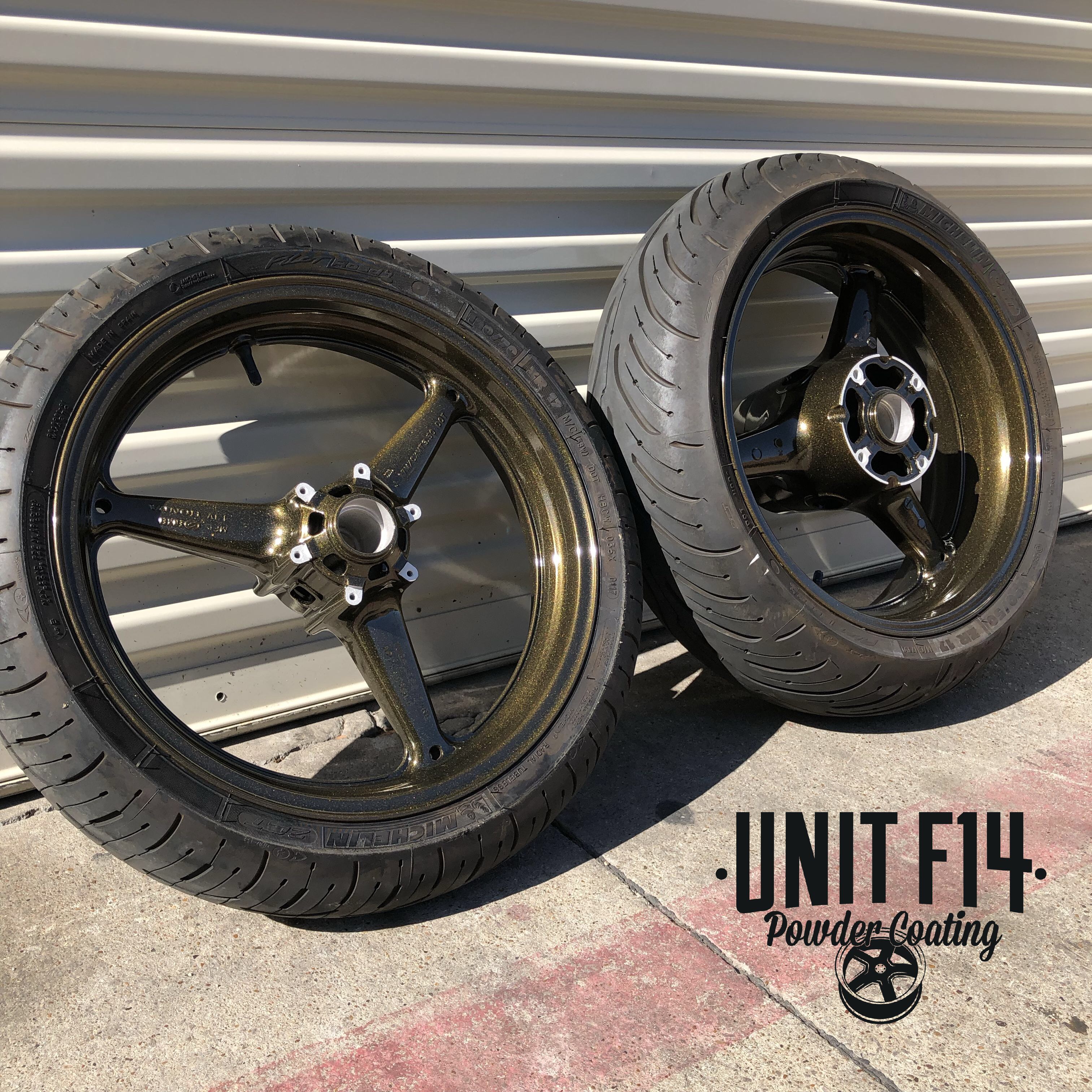 Custom Powder Coated Rims Custom Motorcycle Rims finished in King Midas and Ink Black | Prismatic ...