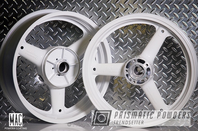 Powder Coating: Motorcycles,Clear Top Coat,Suzuki Motorcycle Wheels,Cloud White PSS-0408,Clear Vision PPS-2974,Wheels