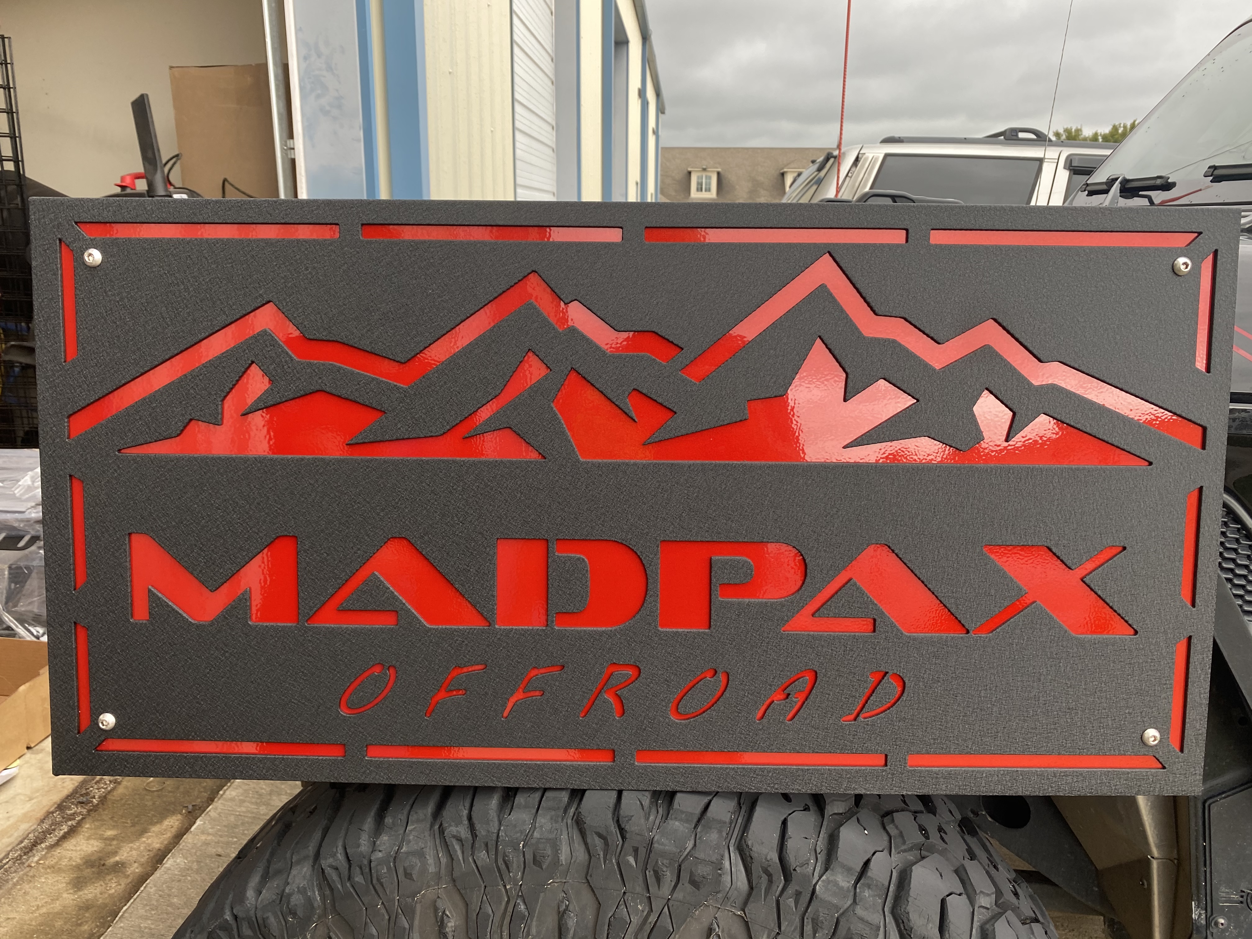 Powder Panel Signs Custom Shop Sign done in Clear Vision, Illusion Red and Splatter Black ...