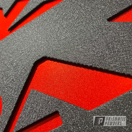 Powder Coating: Splatter Black PWS-4344,Layered Colors,Clear Vision PPS-2974,signage,Illusion Red PMS-4515