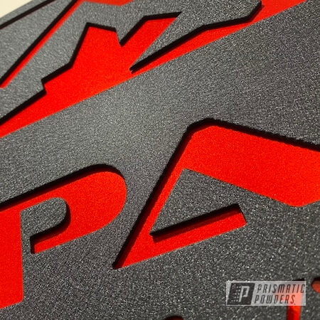 Powder Coating: Splatter Black PWS-4344,Layered Colors,Clear Vision PPS-2974,signage,Illusion Red PMS-4515