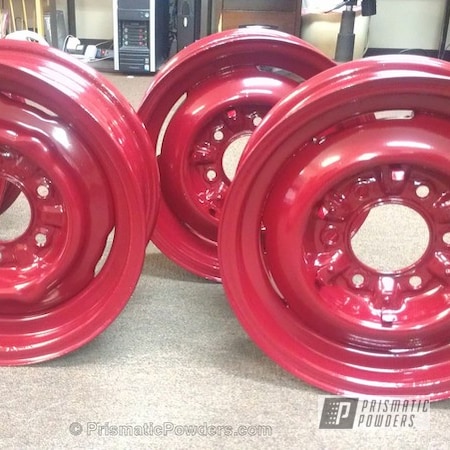 Powder Coating: Wheels,55 Chevy Steelies,Custom Wheels,RAL 3004 Purple Red,powder coating,red wheels,powder coated,Prismatic Powders