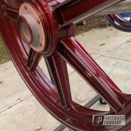 Powder Coating: DAZZLING RED UPB-1453,Alloy Wheels,Custom Motorcycle Wheels,GL1000,Motorcycle Parts,Accessories,2 Stage Application,Vibrant Silver Vein PVB-5825,Honda,Lester,Motorcycles
