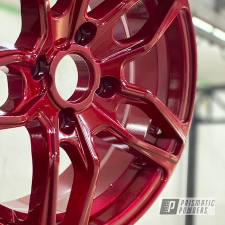 Powder Coating: Aluminum Wheels,2 Stage Application,Rims,Layered Colors,Alien Silver PMS-2569,Soft Red Candy PPS-2888,Wheels