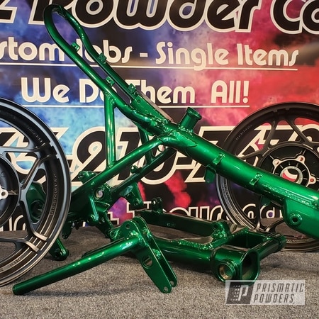 Powder Coating: Silk Satin Black HSS-1336,Custom Bike Frame,Clear Vision PPS-2974,Bike Frame,Illusion Green PMS-4516,Wheels