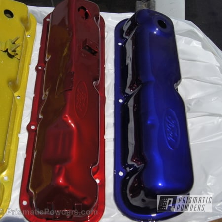 Powder Coating: Custom,Yellow,Valve Cover,Valve Covers,chrome,Automotive,powder coated,powder coating,Bentley Blue PPB-4711,SUPER CHROME USS-4482,Blue,LOLLYPOP RED UPS-1506,Red,Prismatic Powders