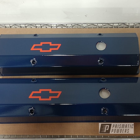 Powder Coating: Automotive,Clear Vision PPS-2974,Chevrolet,Valve Covers,Chevy Orange PSS-0163,Truck Blue PSS-1126