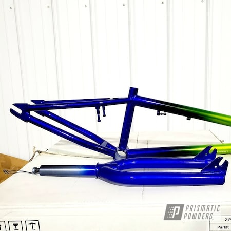 Powder Coating: 2 Color Application,POLISHED ALUMINUM HSS-2345,Color Fade,Intense Blue PPB-4474,BMX,Bicycle Frame,Shocker Yellow PPS-4765
