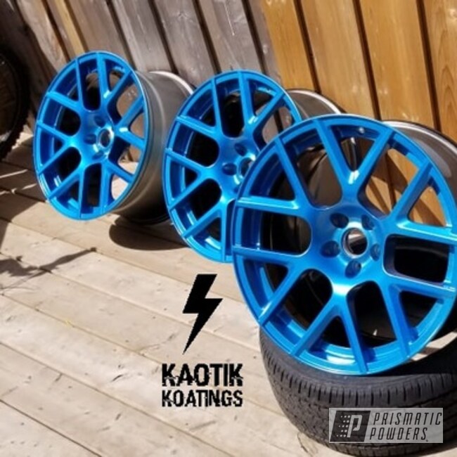 Powder Coated Dodge Challenger Alloy Wheels Coated In Bad Blue And Silver Sparkle
