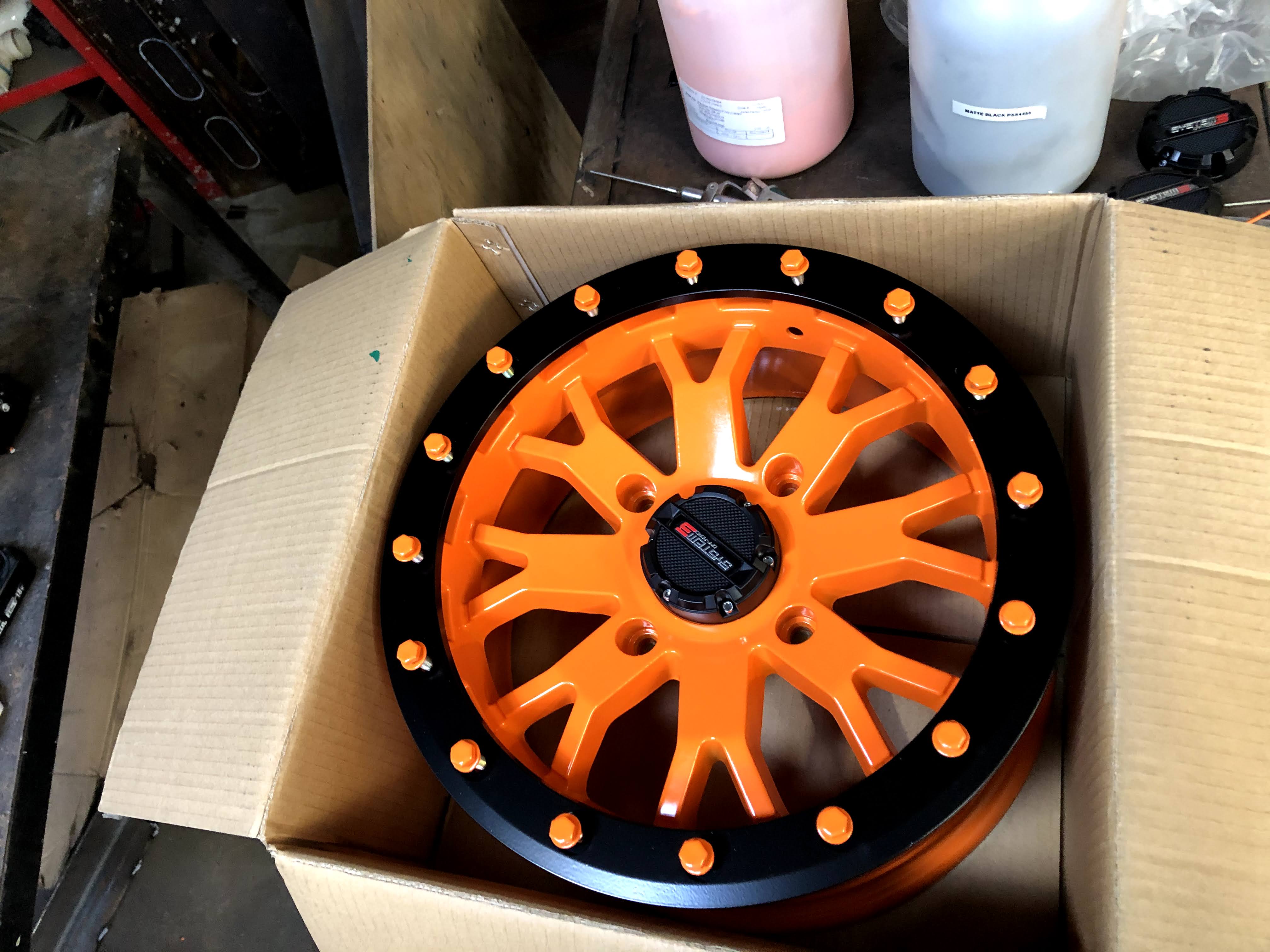 Can-Am Wheels Finished with Bright Orange | Prismatic Powders