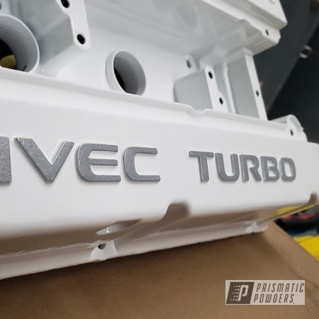Powder Coating: Valve Cover,EVO,Polar White PSS-5053,Automotive,Porsche Silver PMS-0439