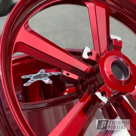 Powder Coating: Wheels,Harley Davidson Parts,Harley Davidson,Two Stage Application,Motorcycle Rims,Motorcycle Parts,Rims,Harley Wheels,SUPER CHROME II PSS-10300,19" Aluminum Rims,Motorcycles,Wizard Red PPS-4690