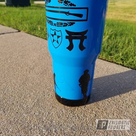 Powder Coating: Ink Black PSS-0106,Playboy Blue PSS-1715,Tumbler,Custom Tumbler Cup,Miscellaneous,Clear Vision PPS-2974,Multi Stage Application,Clear Coat,Combat Badge