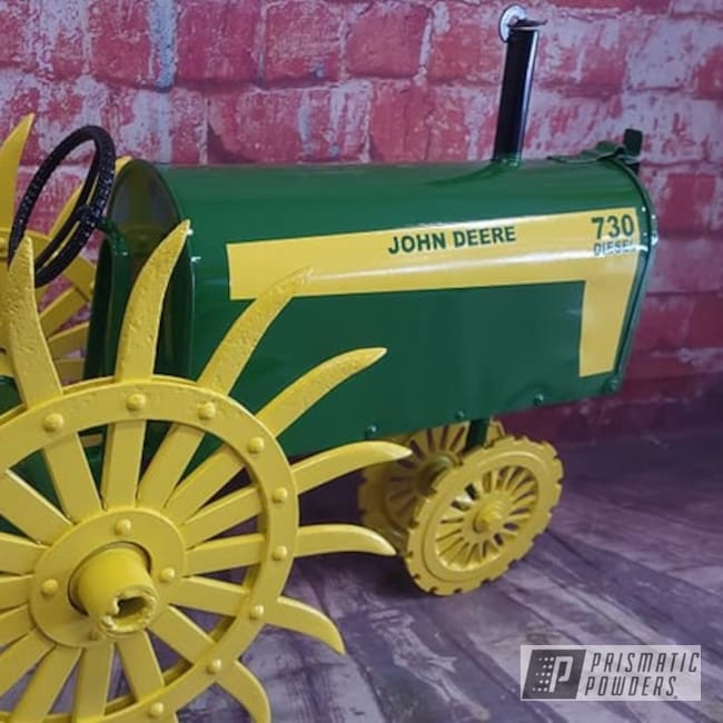 Powder Coated John Deere Themed Mailbox In Pss-4517, Ral 1018 And Pss-0106