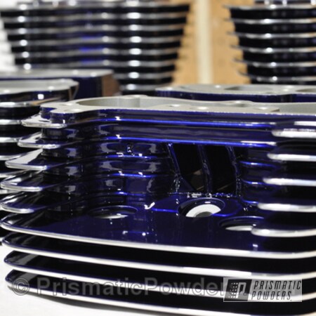 Powder Coating: SUPER CHROME USS-4482,chrome,cylinder heads,Motorcycles,Bentley Blue PPB-4711,Powdercoat Polished Fin Highlights Twin Cam Heads
