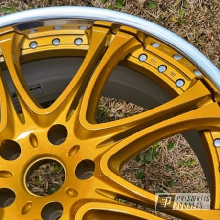 Powder Coating: 20" Wheels,POLISHED ALUMINUM HSS-2345,Rims,Brassy Gold PPS-6530,Two Stage Application,Alloy Wheels,Wheels