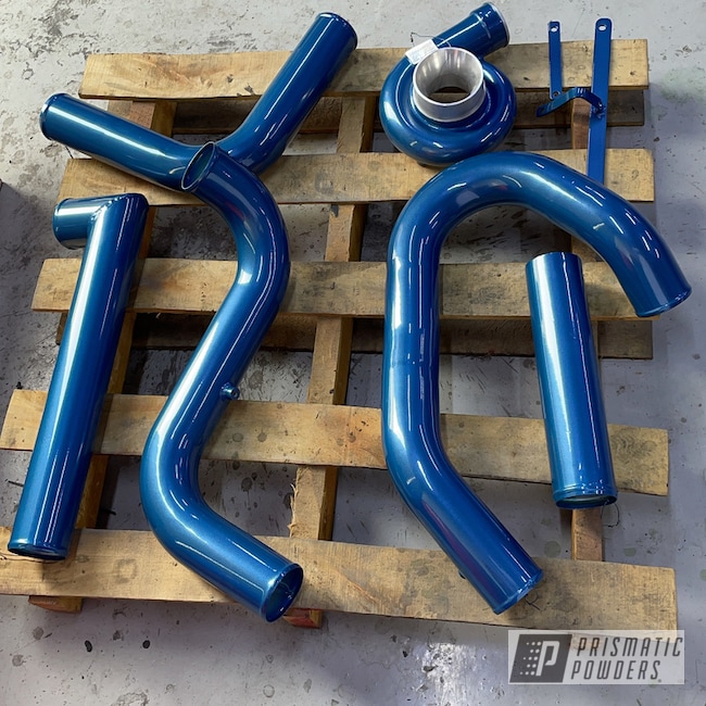 Powder Coated Nissan Turbo System In Hustler Blue And Clear Vision 