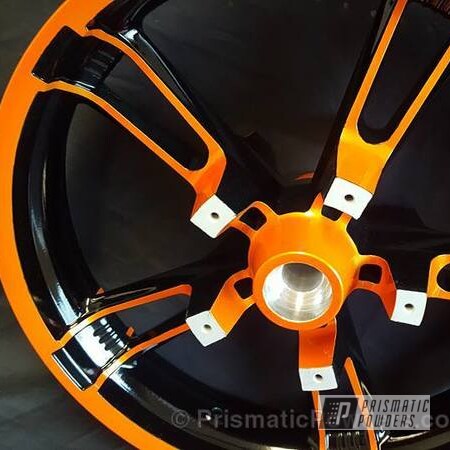 Powder Coating: Ink Black PSS-0106,Motorcycles,Motorcycle Rims,Custom 2 Coats,Clear Vision PPS-2974,Three Powder Application,Illusion Orange PMS-4620,Custom Wheels,Clear Coat Used,Wheels,Two Tone