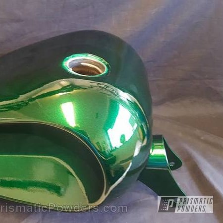 Powder Coating: Motorcycles,Custom,Clear Vision PPS-2974,Motorcycle Gas Tank,Illusion Green PMS-4516,Clear Coat Used