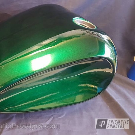 Powder Coating: Motorcycles,Custom,Clear Vision PPS-2974,Motorcycle Gas Tank,Illusion Green PMS-4516,Clear Coat Used
