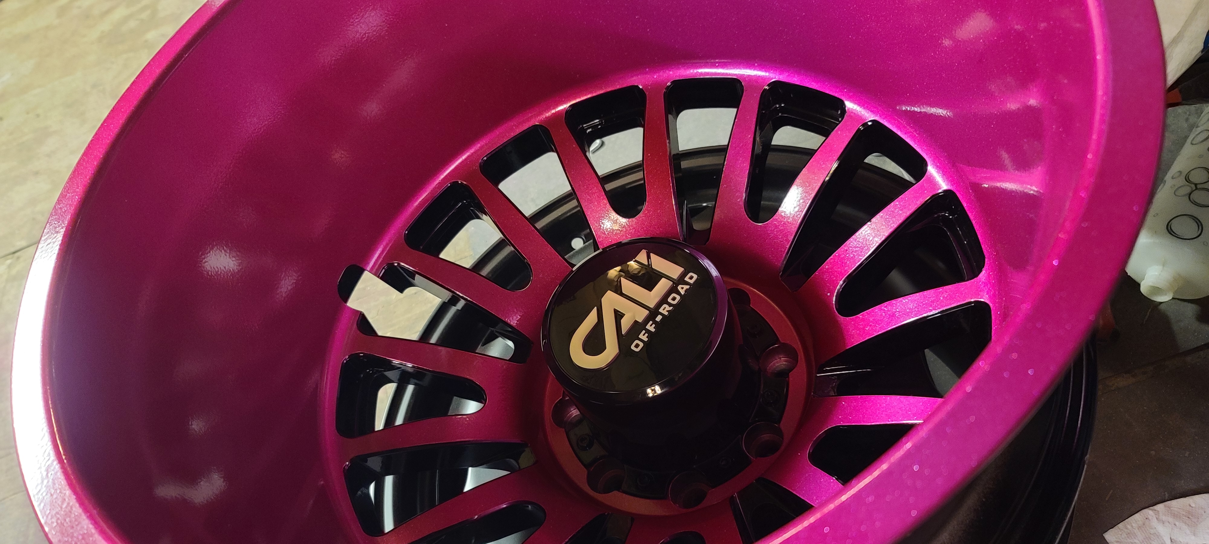Wheels Done in Alien Silver and Racing Raspberry | Prismatic Powders