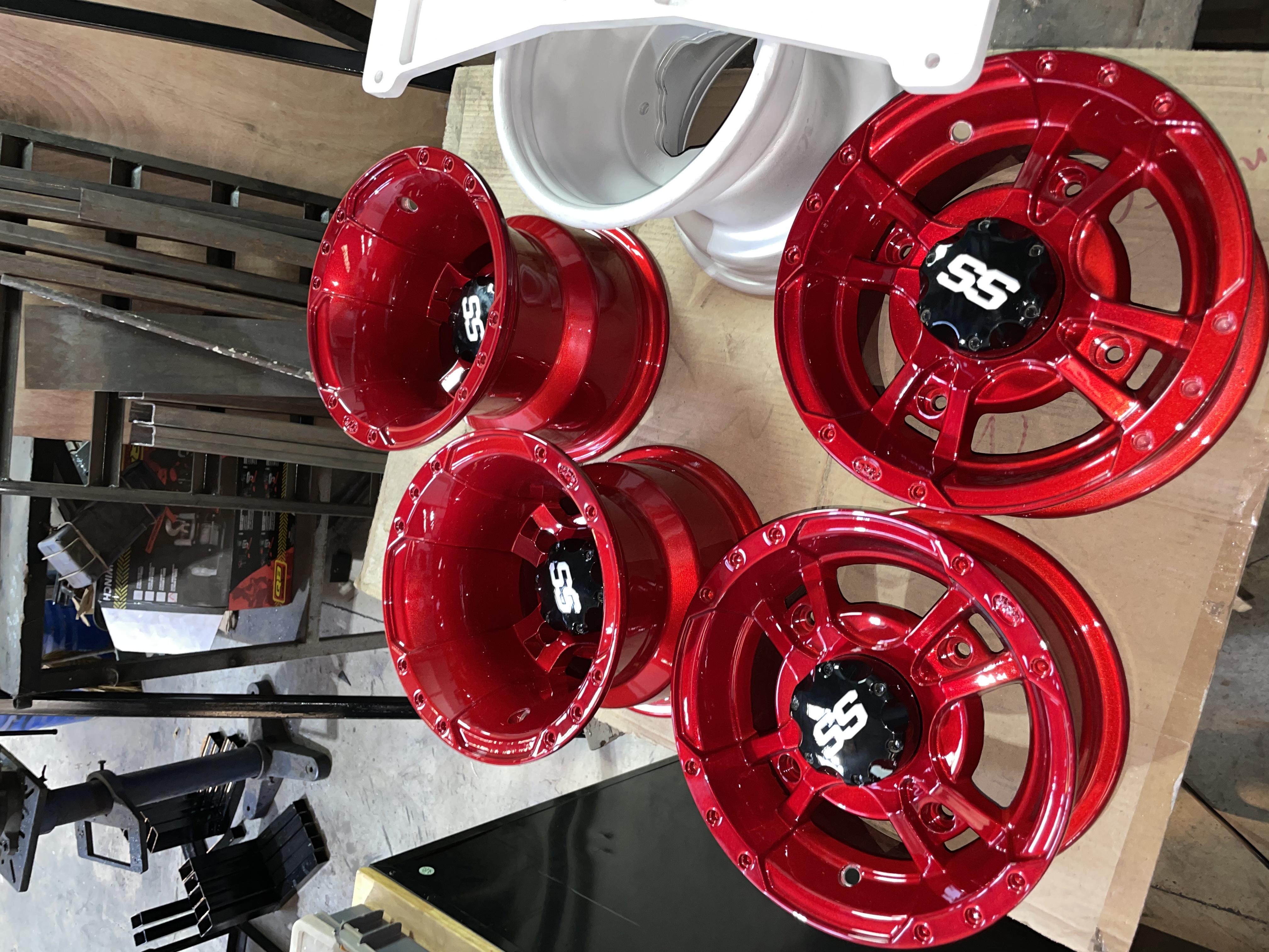 Powder Coated Raptor Rims ATV Wheels Done in Heavy Silver and Deep Red | Prismatic Powders