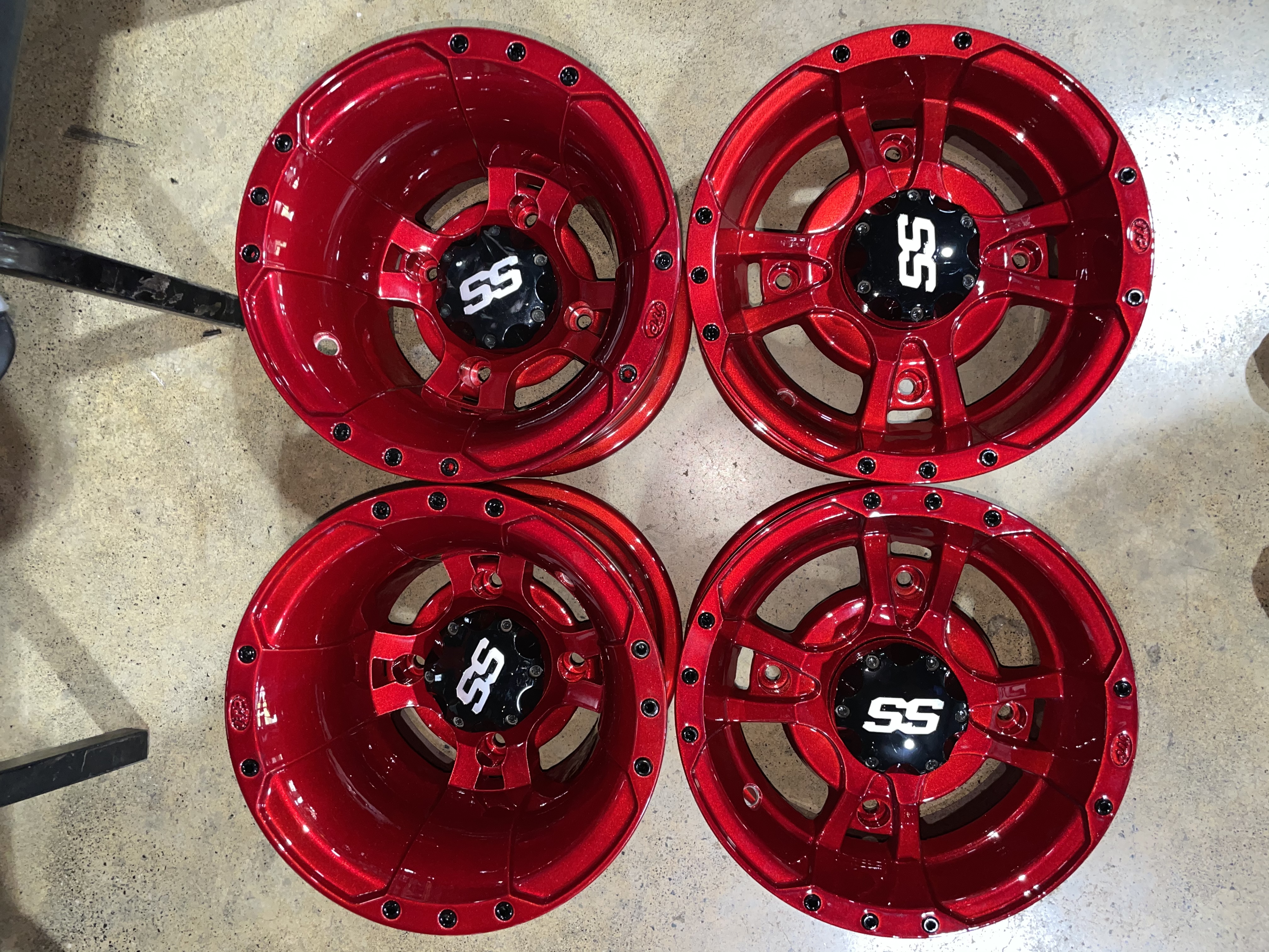 Powder Coated Raptor Rims ATV Wheels Done in Heavy Silver and Deep Red | Prismatic Powders