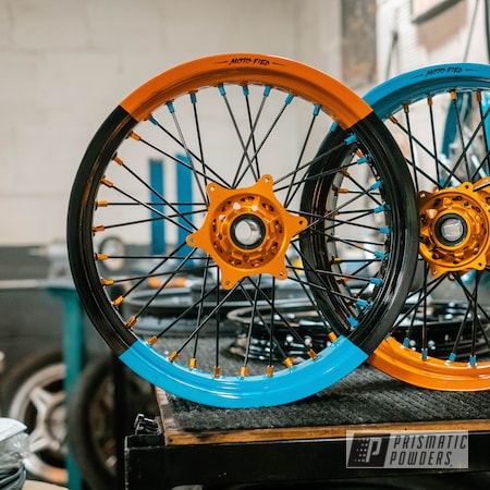 Powder Coating: Motorcycles,2 Tone,Motorcycle Rims,KTM,Supermoto Wheels,Gumball Blue PSS-6928,Pumpkin Gold PMB-4132,Clear Vision PPS-2974,Motorcycle Wheels,Wheels