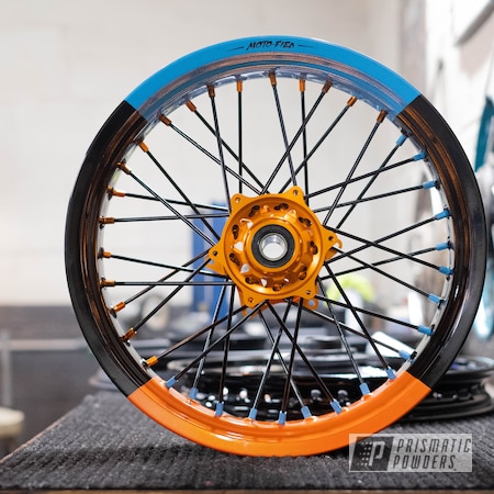 Powder Coating: 2 Tone,Motorcycles,Motorcycle Rims,KTM,Supermoto Wheels,Gumball Blue PSS-6928,Pumpkin Gold PMB-4132,Clear Vision PPS-2974,Motorcycle Wheels,Wheels