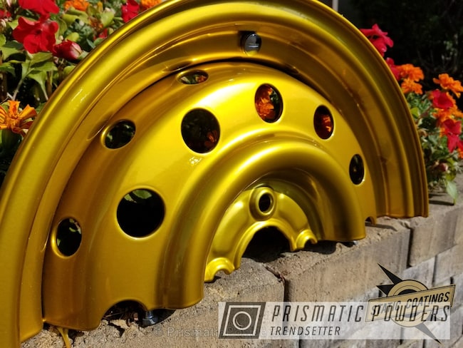Powder Coating: Illusion Gold PMB-10045,Two Stage Application,Clear Vision PPS-2974,Sample,Clear Top Coat Applied,Wheels