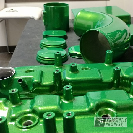 Powder Coating: Engine Parts,Illusion Green Ice PMB-7025,Clear Vision PPS-2974,Automotive,Custom Auto Parts