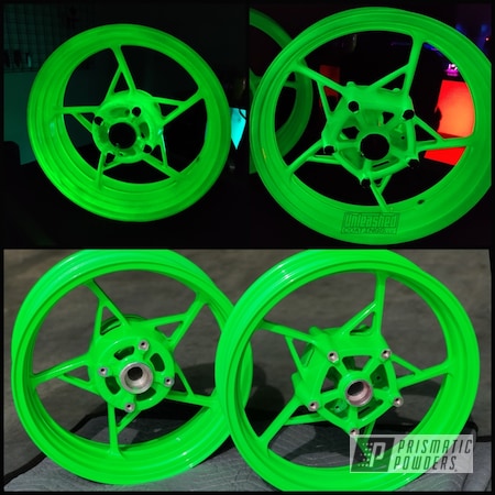 Powder Coating: Wheels,Motorcycle Rims,Kawasaki Wheels,Rims,Motorcycle Wheels,2 stage,Neon Green PSS-1221,Glowbee Clear PPB-4617
