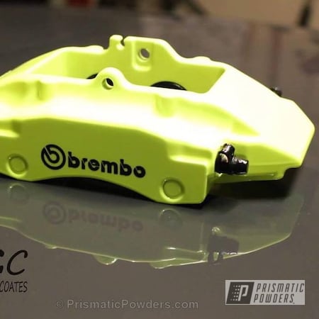 Powder Coating: Custom,Clear Vision PPS-2974,Automotive,Brake Calipers,BMW Brakes,Clear Coat Used,Neon Yellow PSS-1104