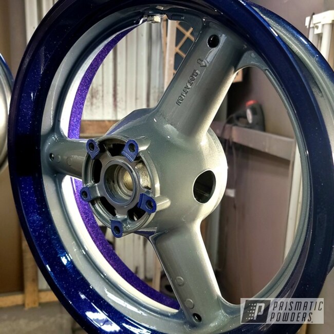 Motorcycle Wheels Powder Coated In Cadillac Grey, Chameleon Sapphire Teal, Satin Silver, And Intense Blue
