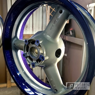 Motorcycle Wheels Powder Coated In Cadillac Grey, Chameleon Sapphire Teal, Satin Silver, And Intense Blue